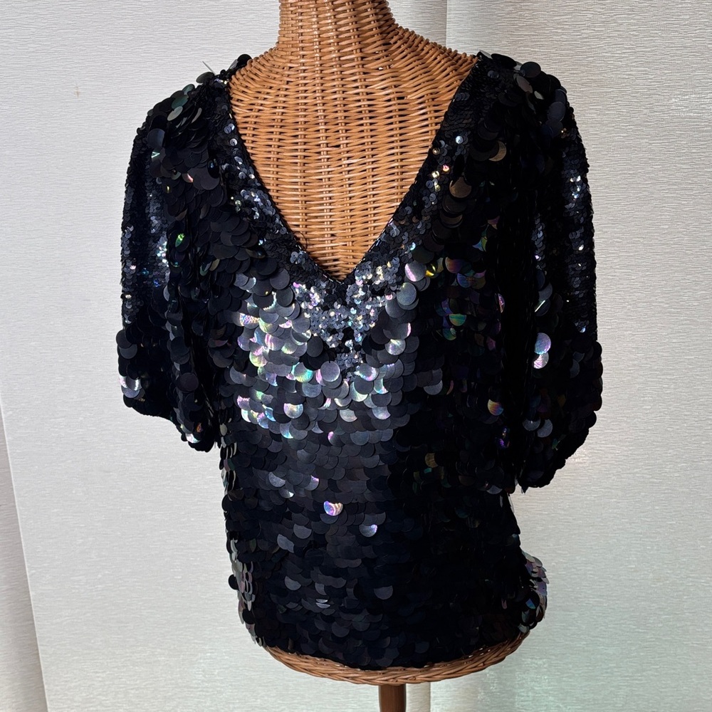 Vintage Oleg Cassini paillete sequin iridescent evening top neiman marcus  m